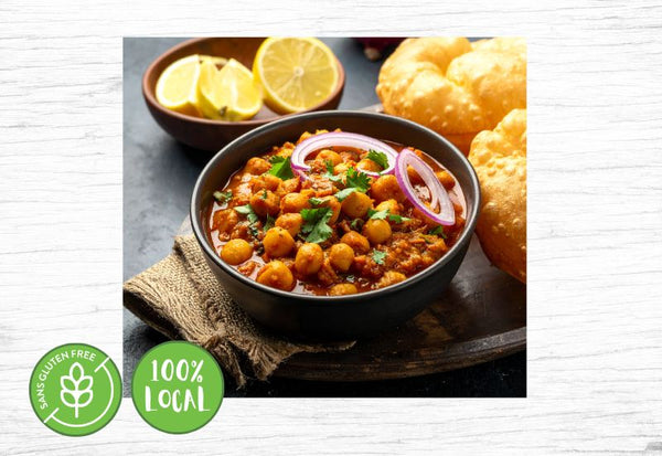 VG Gourmet, Cari à l'aubergine et pois chiches - Fermes Valens